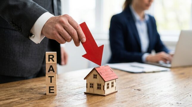 Mortgage interest rate decrease concept with red arrow pointing down at a miniature house