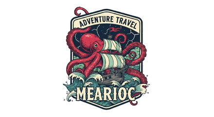 Vintage adventure travel badge featuring a giant kraken octopus attacking a sailing ship. © Remb