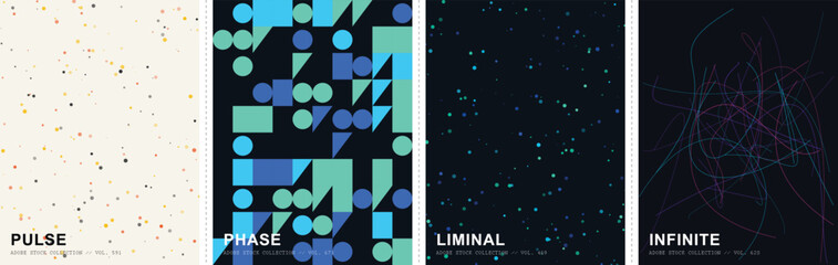 Abstract geometric poster set with Pulse, Phase, Liminal, and Infinite themes, modern minimalist vector backgrounds for covers and branding © Ayesha Amjad