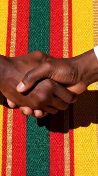 Two forearm shadows forming handshake on bright kente cloth yellow green red gold surface, sharp overhead shadows, lower copy space, Mandela Day unity equality solidarity symbolic African heritage sce