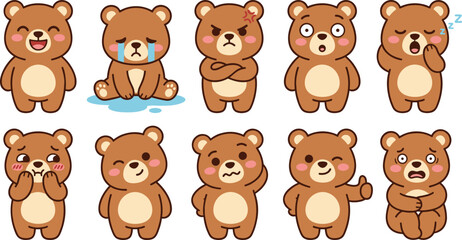 Fototapeta premium Cute Teddy Bear Cartoon Character Collection Showing Happy Crying Angry Surprised Sleeping Shy Confused and Scared Emotions for Vector Illustration Designs