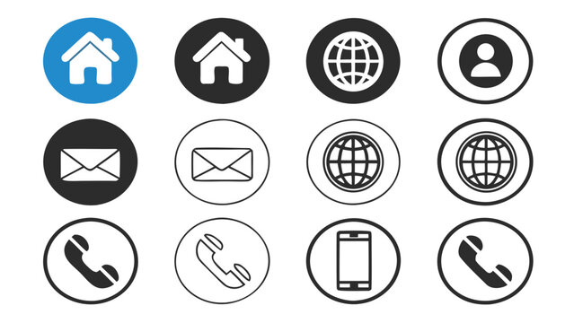 A collection of various communication icons on a white background, featuring phones, emails, and globes.