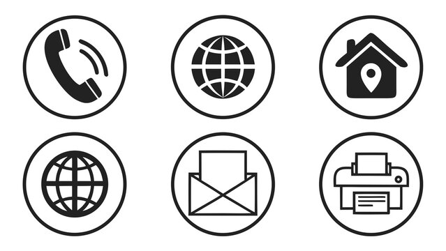 Black icons of phone, globe, house, email, and printer on white.