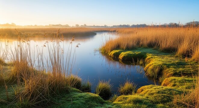 A serene fenland landscape at dawn, featuring calm reflective water, golden reeds, lush green moss, and mist rising over a peaceful marsh, horizontal, background, mist