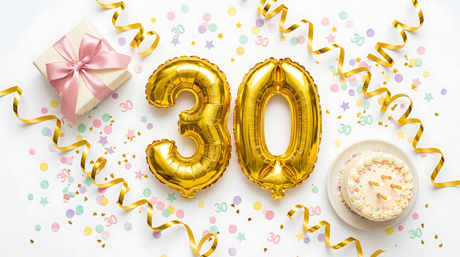 Gold foil number thirty balloons with birthday cake and confetti for a milestone celebration on a clean white background surface