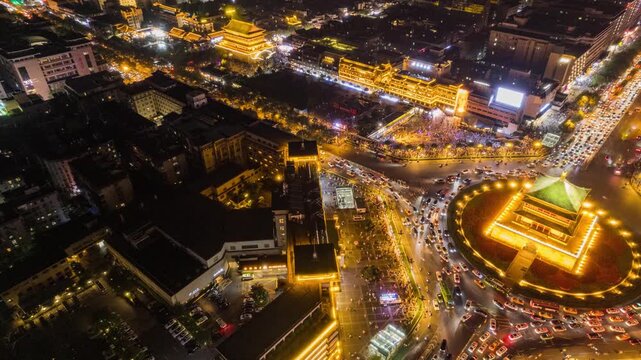 Aerial Night View of Xi'an Bell Tower and City Traffic in Xi an Bell Tower, Xi an, China