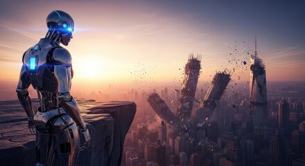 Naklejka premium A sleek metallic robot stands at the edge of a rocky precipice, observing a crumbling metropolitan landscape as skyscrapers fall to ruins, outlook, height, electronics