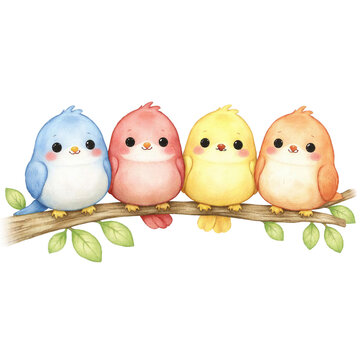 Niedliche V&ouml;gel auf einem Baumast im Aquarell Stil, Kinderzimmer Illustration
