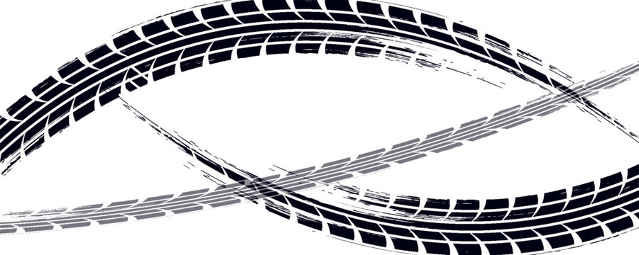 Black tire marks on road, Black rubber tire marks and tread marks, Tire trace track wheels texture and background, Auto tire tread grunge, Car wheel tyre tread track black tyre print, Top view.
