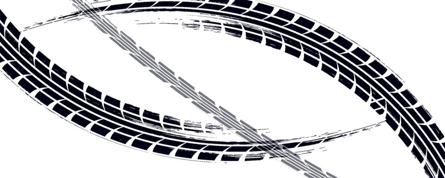 Black tire marks on road, Black rubber tire marks and tread marks, Tire trace track wheels texture and background, Auto tire tread grunge, Car wheel tyre tread track black tyre print, Top view.