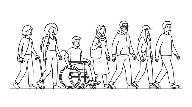 Diverse Group of People Walking Together Line Art Illustration