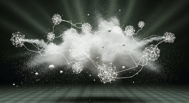 Abstract network of interconnected geometric shapes and spheres forming a cloud like structure with dust particles and light trails symbolizing data science technology connectivity.