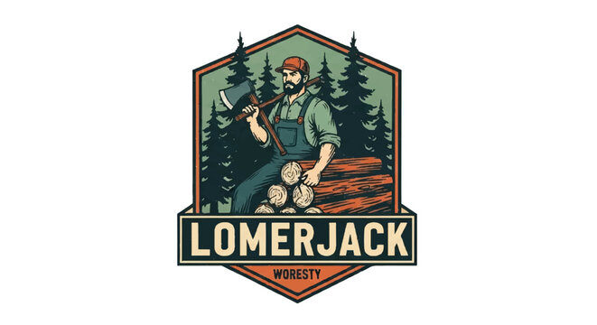 Vintage Lumberjack Badge Design with Axe and Wood Logs.
