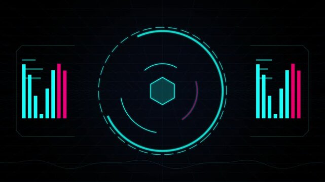 Animated futuristic HUD interface with data visualization and bar graphs.
