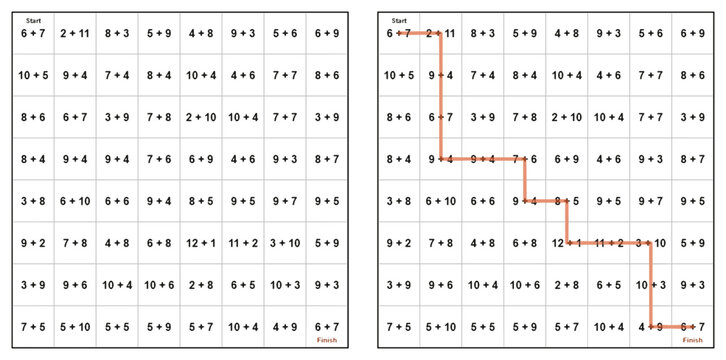 Math Logic Addition Path Grid Puzzle with Answer Key Vector Worksheet