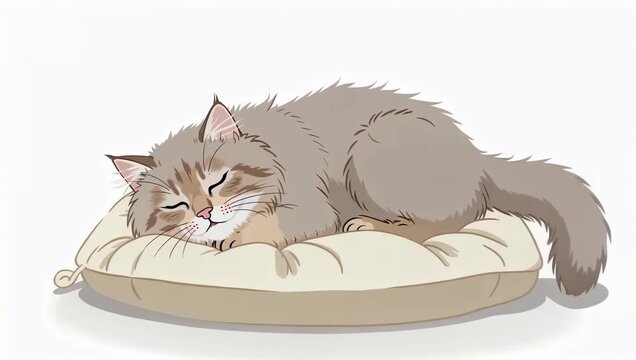 Minimal flat vector animation of a fluffy long haired cat sleeping peacefully on a cozy cushioned pet bed with soft shadows and gentle lighting