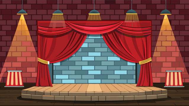 Cartoon stage with red curtains and spotlights, blue brick wall, classic theatre scene, performance platform, show or entertainment concept vector illustration.