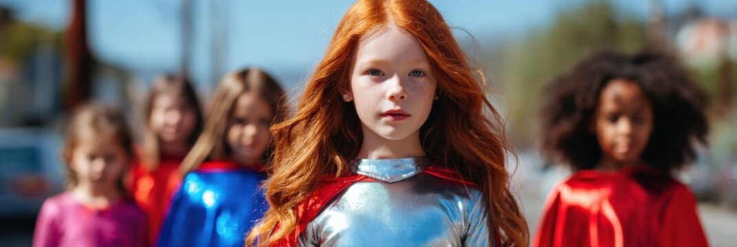 Caucasian female child redhead girl leading diverse group of children in colorful capes and silver outfits on sunlit suburban street heroic pose