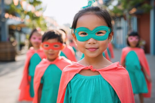Female asian child young superhero in teal mask and orange cape leading a street parade of masked children with bright costumes