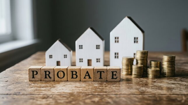 Wooden blocks spelling probate with miniature houses and coins, symbolizing estate and inheritance