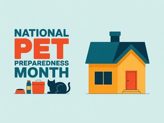 Plakat National pet preparedness month concept with a house, pet supplies, and a cat silhouette
