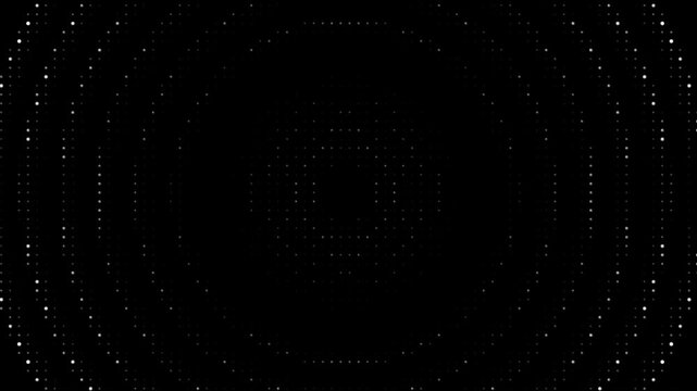 Steel Bell Acoustic Resonance Halftone Animation: Interference Wave Pattern on Black, Prismatic Dot Grid, Standing Wave Lattice, Sound Visualization Loop, Motion Background