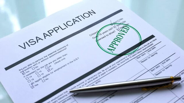 Visa Application Form Approved Stamp Close Up Immigration and Travel Concept