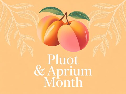 Pluot and aprium month poster design with fresh stone fruits illustration on a soft orange background