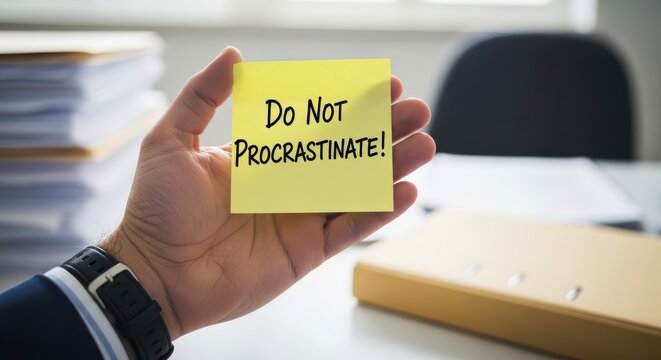 Hand holding yellow sticky note with Do Not Procrastinate message in office