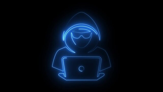 Glowing Neon Hacker Icon with Laptop on Dark Background Cyber Security symbol.