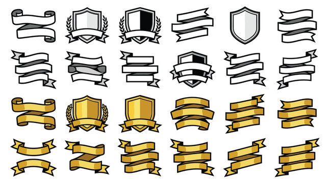 Set of vector shields and ribbons, heraldic emblems, vintage banners and badges for logo design