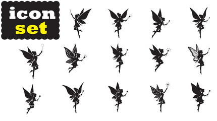 Fototapeta premium Magical Fairy Silhouette Icon Set, Fantasy Fairy Vector Illustration Collection
