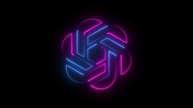 Glowing Pink and Blue Abstract Geometric Logo Icon on Dark Futuristic Tech Background.