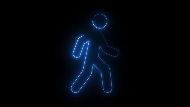 Glowing Neon Walking Person Icon on Dark Background Futuristic Pedestrian Illustration symbol.