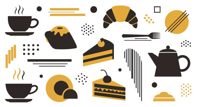 Abstract illustration of coffee and pastries with geometric shapes.