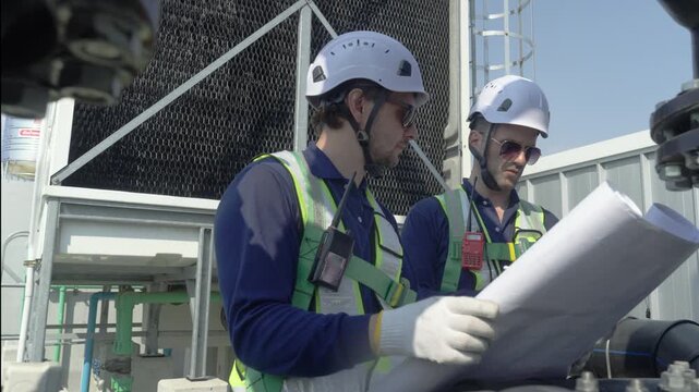 Engineer maintenance hvac cooling tower inspection rooftop helmet blueprint safety guide technician team reviews plan at industrial facility, focused professional vest lead check beside pipe valve
