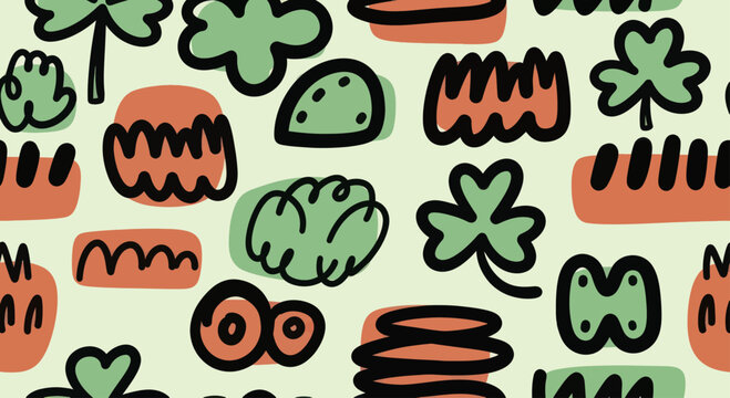 Abstract pattern of green and orange shapes and clover leaves.