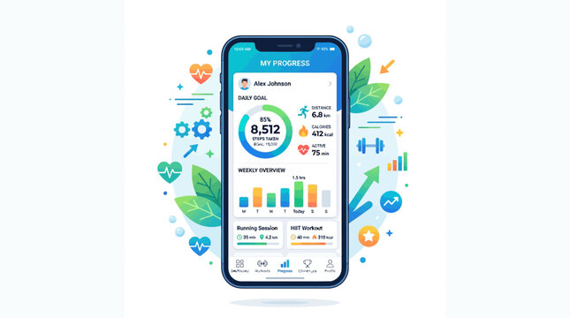 Mobile fitness app interface with statistics and health tracking icons