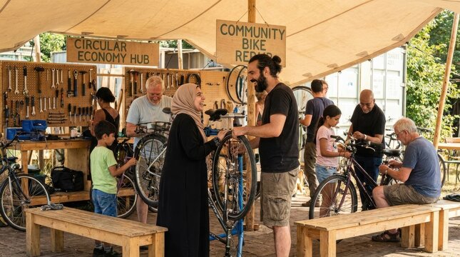 A group of people gathered at a community bike repair shop under a large tent