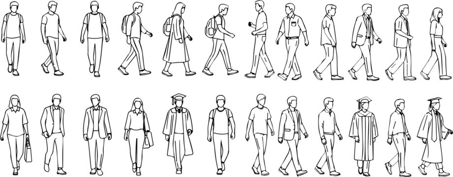 Walking people line art vector set, students and business characters outline
