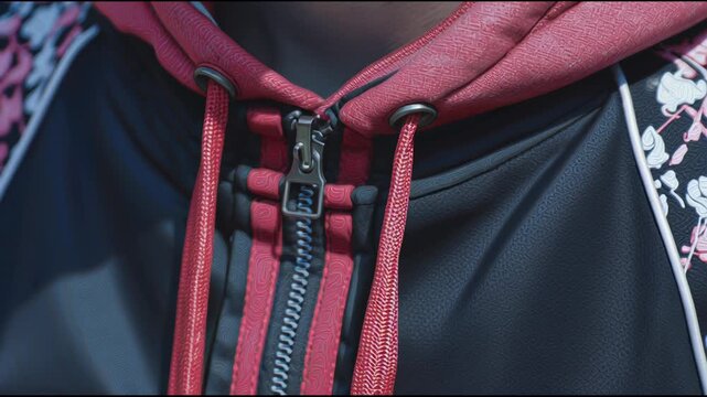 Close-up of hands zipping up a red and black hoodie.