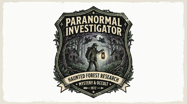 Vintage style emblem for paranormal investigator featuring a forest explorer with a lantern.