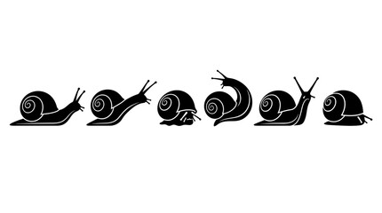 snail silhouettes in side view, solid black shapes, each in different poses such as crawling. © Dini