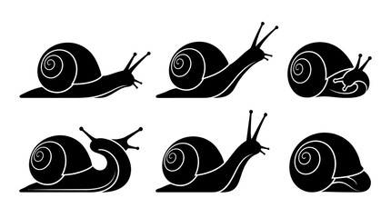 snail silhouettes in side view, solid black shapes, each in different poses such as crawling. © Dini