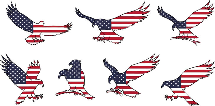 American eagle icons, USA flag eagles, patriotic symbols, vector graphics