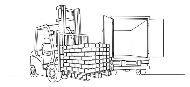 Industrial forklift loading pallet of bricks into delivery truck trailer in simple line drawing style
