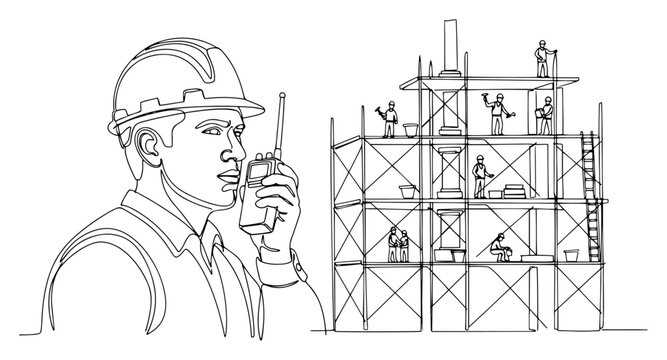 One line art of a construction foreman with walkie talkie and workers on scaffolding at a building site