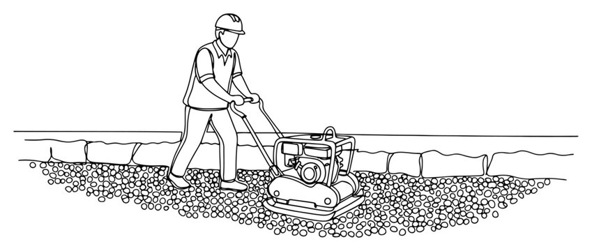 Construction worker operating plate compactor on gravel surface in minimalist line art style