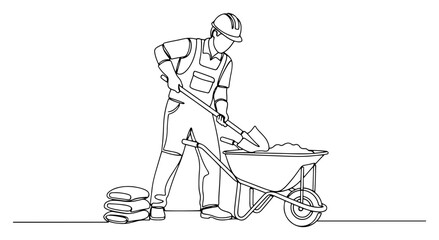 Construction worker with shovel and wheelbarrow at building site in minimalist line art style © Alicja
