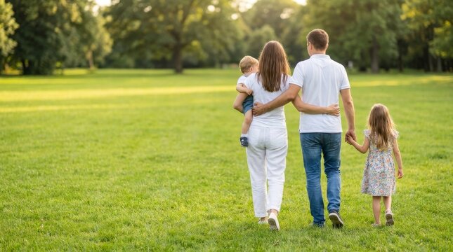 Rear view. Happy family with children walking in the park. Happy young family with two children walking together in green park from behind, back view family lifestyle concept with wide copy space